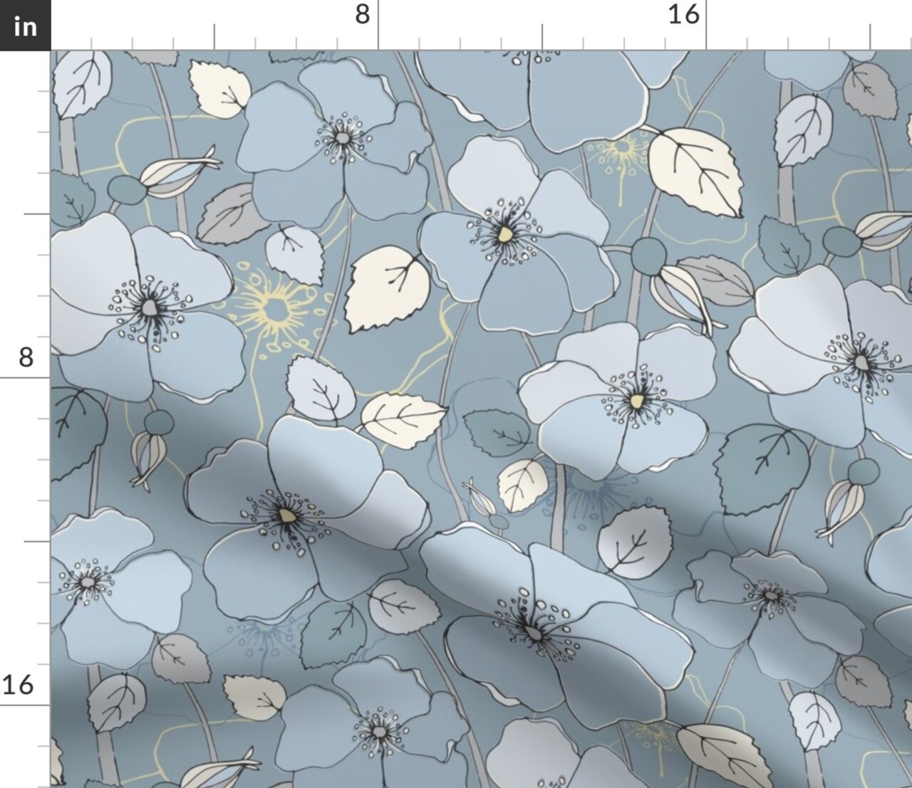 Botanical Floral Large Scale Nature Blue Grey Illustrative Custom Printed Fabric by Spoonflower Various Fabrics by the Yard or Fat Quarter